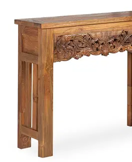 Designové a luxusní konzolové stolky Estila Masivní koloniální konzolový stolek Talia s ručně vyřezávaným předním štítem s orientálními prvky 100cm