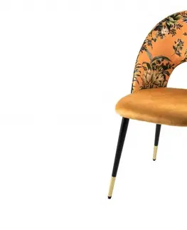Luxusní jídelní židle Estila Čalouněná art deco židle Floreque ve zlato-žluté barvě s tropickým vzorem a černými nožičkami 83cm