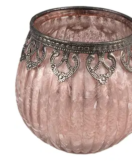 Svícny Růžový skleněný svícen na čajovou svíčku se zdobným okrajem - Ø 11*10 cm Clayre & Eef 6GL3987