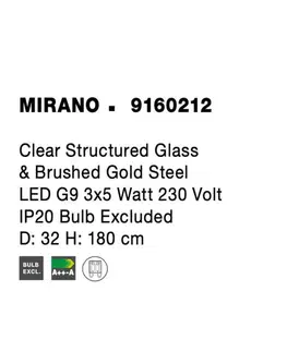 Designová závěsná svítidla NOVA LUCE závěsné svítidlo MIRANO čiré strukturované sklo a broušená zlatá ocel G9 3x5W 230V IP20 bez žárovky 9160212