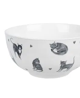 Mísy a misky Bílo-šedá porcelánová miska Cats and Kittens – Ø14*7 cm / 500 ml Clayre & Eef AKYBO