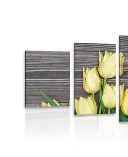 Obrazy květů 5-dílný obraz okouzlující žluté tulipány na dřevěném podkladu