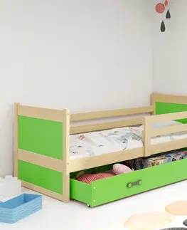Dětské pokoje Expedo Dětská postel FIONA P1 COLOR + úložný prostor + matrace + rošt ZDARMA, 80x190 cm, borovice, zelená