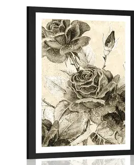 Černobílé Plakát s paspartou vintage kytice růží v sépiovém provedení