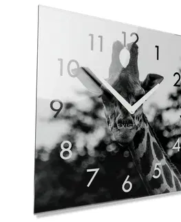 Nástěnné hodiny Dekorační černobílé skleněné hodiny 30 cm s motivem žirafy