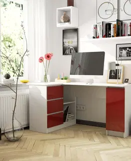 Psací stoly Ak furniture Rohový psací stůl B20 bílý/červený levý