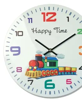 Dětské nástěnné hodiny Dětské nástěnné hodiny v bílé barvě s vláčkem HAPPY TIME