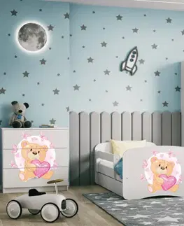 Dětské postýlky Kocot kids Dětská postel Babydreams medvídek s motýlky bílá, varianta 70x140, se šuplíky, s matrací