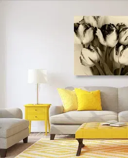 Černobílé obrazy Obraz jarní tulipány v sépiovém provedení