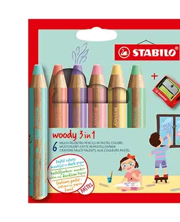 Hračky STABILO - Barvička, vodovka a voskovka - woody 3 v 1 - 6 ks balení s ořezávatkem