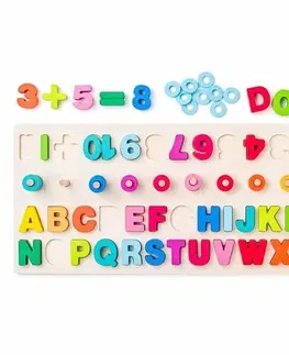 Dřevěné hračky Woody Didaktická destička s počítáním, písmeny a číslicemi, 51 x 4 x 23,5 cm