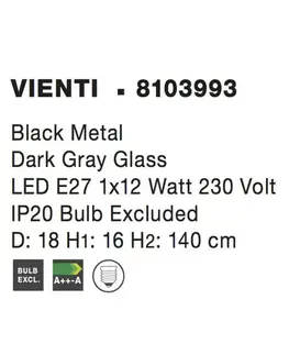 Designová závěsná svítidla NOVA LUCE závěsné svítidlo VIENTI tmavě šedá sklo a černý kov E27 1x12W 230V IP20 bez žárovky 8103993