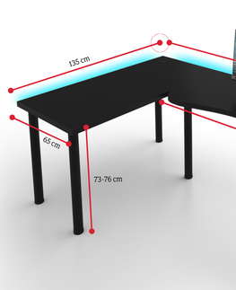 Herní stoly Expedo Počítačový rohový stůl MOOD L s LED, 200/135x73-76x65, černá, pravý