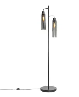 Stojaci lampy Moderní stojací lampa černá s kouřovým sklem 2 světla - Stavelot