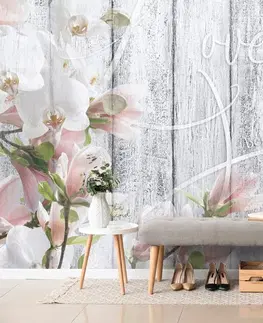Samolepící tapety Samolepící tapeta vintage orchidej s nápisem - Love begins at home