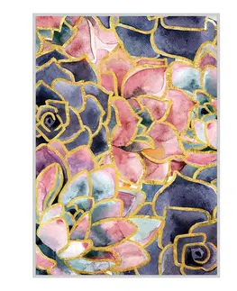 Luxusní a designové obrazy a malby Estila Moderní designový obraz Rosé v bílém dřevěném rámu s motivem růží v odstínech růžové a fialové se zlatým detailem 122 cm
