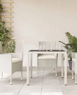 Zahradní stolky Zahradní stůl se skleněnou deskou bílý 90x90x75 cm polyratan