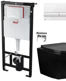 WC sedátka ALCADRAIN Sádromodul předstěnový instalační systém s bílým tlačítkem M1710 + WC REA CARLO MINI RIMFLESS ČERNÁ  + SEDÁTKO AM101/1120 M1710 CL1
