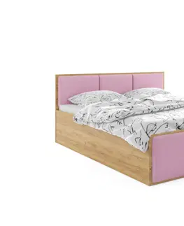 Postele Expedo Čalouněná postel SANTOS, 160x200, dub kraft/trinity 19 - růžová + kovový rošt + matrace