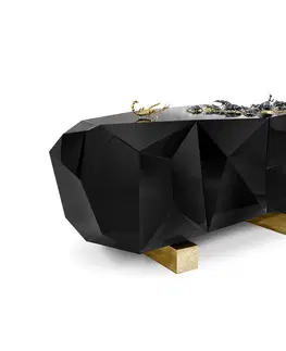 Designové komody Estila Exkluzivní lesklá art-deco komoda z černého dřeva s pozlacenou podstavou a mosaznými brouky Diamond Metamorphosis 185 cm
