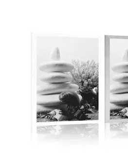 Černobílé Plakát Zen kameny s mušlemi v černobílém provedení