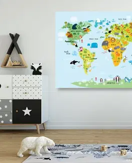 Obrazy na korku Obraz na korku dětská mapa světa se zvířátky