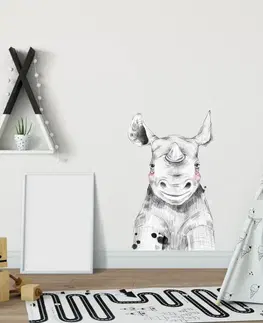 Samolepky na zeď Dětské samolepky na zeď - Velký nosorožec v černobílé barvě