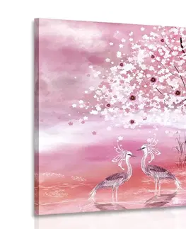 Obrazy přírody a krajiny Obraz volavky pod magickým stromem v růžovém provedení