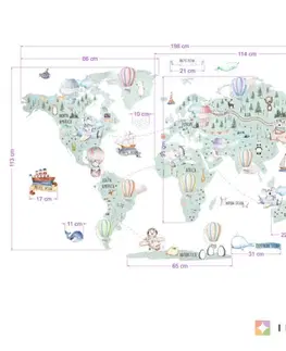Samolepky na zeď Nálepka na zeď mapa světa - Balóny a dopravní prostředky