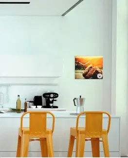 Kuchyňské hodiny Oranžové nástěnné hodiny do kuchyně s motivem kávy