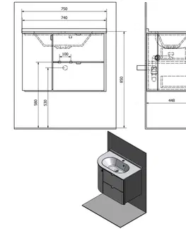 Koupelnový nábytek SAPHO PULSE umyvadlová skříňka 75x52x45 cm, pravá, bílá/antracit PU076-3034