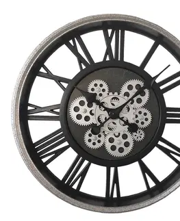 Hodiny Stříbrno-černé hodiny s ozubenými kolečky Pion - Ø 51*8 cm / 3*AA Clayre & Eef 6KL0778
