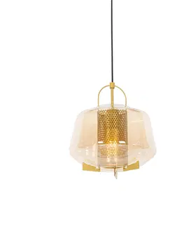 Zavesna svitidla Art deco závěsná lampa zlatá s jantarovým sklem 30 cm - Kevin
