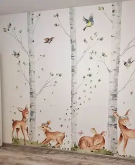 Samolepky na zeď Dětské samolepky na zeď - Hravé srnky v březovém lese