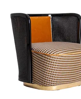 Luxusní a designová křesla a fotely Estila Art-deco luxusní křeslo Brilon s černým ratanovým opěradlem a vzorovaným sametovým potahem na zlaté podstavě 74cm
