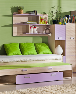 Postele LOLLAND postel s úložným prostorem, jasan/fialová, 5 let záruka
