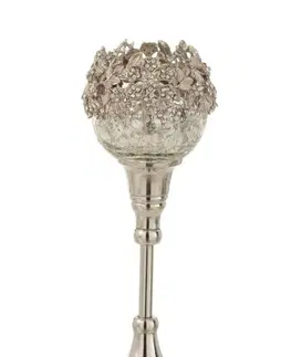 Svícny Skleněný svicen na nožičce se stříbrným zdobením a kamínky Luxy - Ø  10*24cm J-Line by Jolipa 7783