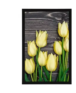 Květiny Plakát žluté tulipány na dřevěném podkladu