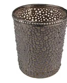 Svícny Šedý skleněný svícen na čajovou svíčku se zdobným lemem - Ø 9*10 cm Clayre & Eef 6GL3960