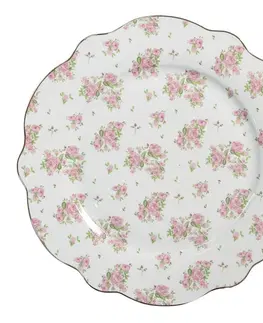 Talíře Bílo-růžový jídelní talíř s růžičkami Sweet Roses - Ø 27*2 cm Clayre & Eef SWRFP