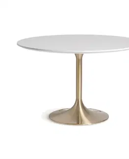 Designové a luxusní jídelní stoly Estila Produkt A8031Luxusní kulatý jídelní stůl Brilon s vrchní deskou s designem bílého mramoru a nohou ve zlaté barvě 120 cm