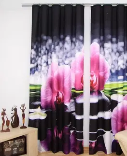 Luxusní hotové závěsy s potiskem 3D Závěsy černo bílé s růžovými orchidejemi