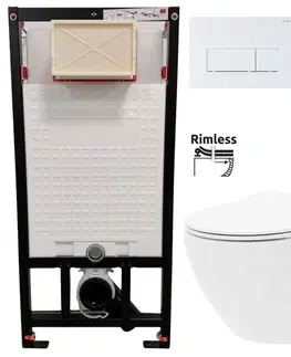 WC sedátka DEANTE Podomítkový rám, pro závěsné WC mísy + SLIM tlačítko bílé + WC REA Carlo Flat Mini Rimless + SEDÁTKO CST_WC01 A51P CF1