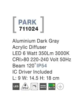 LED venkovní nástěnná svítidla NOVA LUCE venkovní nástěnné svítidlo PARK hliník tmavě šedá akrylový difuzor LED 6W 3000K 220-240V 120st. IP54 AC vč. driveru 711024