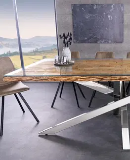 Designové a luxusní jídelní stoly Estila Luxusní industriální obdélníkový jídelní stůl Barracuda z teakového hnědého dřeva s chromovanými nožičkami 220 cm