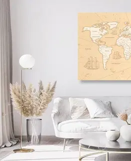 Obrazy na korku Obraz na korku zajímavá béžová mapa světa