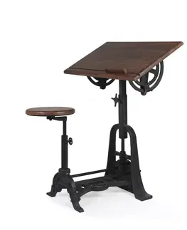 Stylové a luxusní pracovní a psací stoly Estila Industriální designový rýsovací stůl s taburetem HIERRO z masivního mangového dřeva s kovovou konstrukcí 80cm