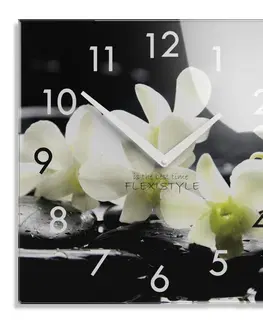 Nástěnné hodiny Dekorační skleněné hodiny 30 cm s bílou orchidejí