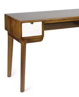 Stylové a luxusní pracovní a psací stoly Estila Luxusní masivní psací stůl Norse z mindi dřeva ve zlaté hnědé barvě se dvěma bílými šuplíky 120 cm