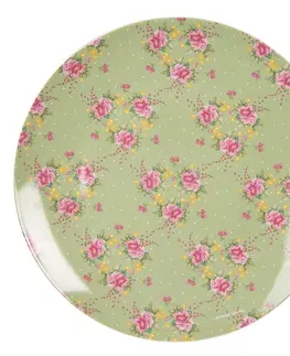 Talíře Zelený porcelánový jídelní talíř s květy Cheerful Birdie - Ø 26 cm Clayre & Eef HBFP